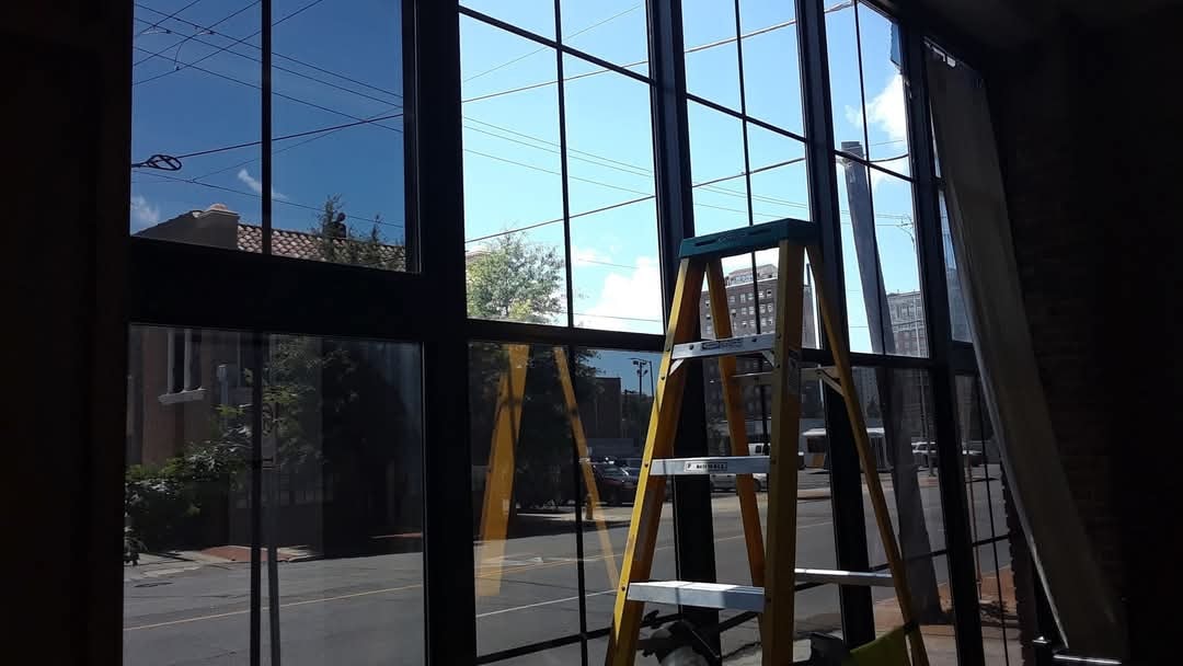 Large commercial window film installation in the Birmingham area, project view one