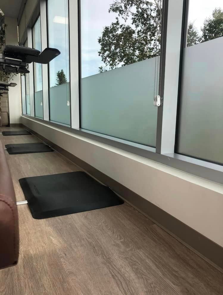 Commercial decorative window film installation in Vestavia, supporting project view one